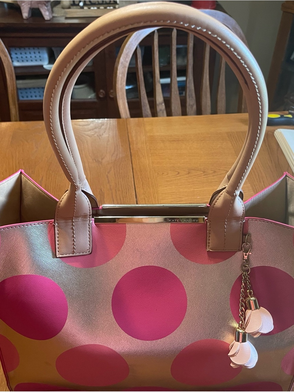 Kate Landry Pink Polka Dot Tote with Beige Handles and Tassel Charm